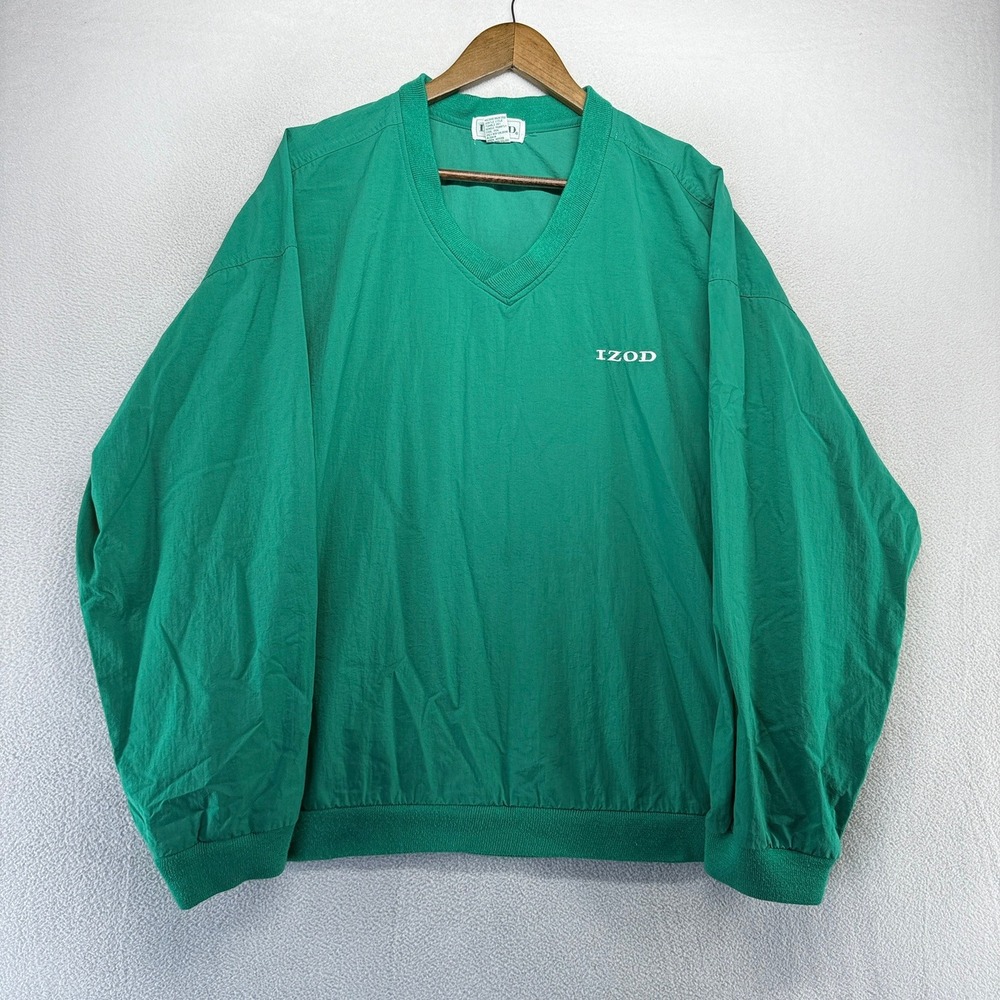 IZOD Windbreaker Mens Large Green Pullover V-Neck Golf Jacket Nylon Vintage 90s
